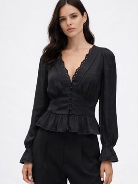 Banana Republic Black Eyelet Long Sleeve V-Neck Peplum Top Small NWT
